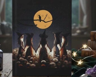 Op de afbeelding: Een hardcover boek met een nachtelijke scène op de kaft. Vijf figuren met puntmutsen staan in een cirkel in een veld met paddenstoelen onder een grote gele maan. Een zwarte vogel zit op een boomtak die afsteekt tegen de maan.