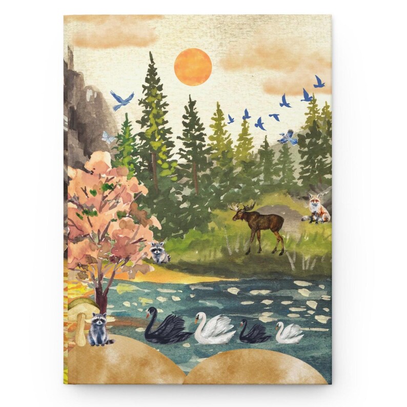 Nature Wildlife Hardcover Journal, Mountain Lake, Boho Adventure Swans, Fox, Moose, Raccoons, Nature Lover Gift, Travel Journal, Forest image 2