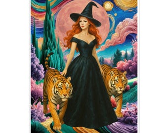Retro Red Hair Witch Rolled Posters, Pop Art Abstract Art Print, Gift for Redhead, Tiger Wall Decor, Vintage Poster Decoration