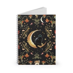 Celestial Black Cat on Moon Ruled Line, Gothic, Botanical Design, Halloween Boho Gift, Journal, Planner, Diary, Stationery Spiral Notebook