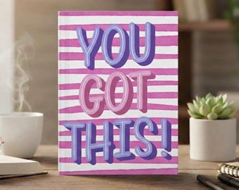 You Got This! Positive Affirmation, Pink and White Striped, Boho, Retro Gift, Mental Health Notebook, Diary, Planner, Hardcover Journal