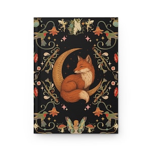 Fox on Moon, Botanical, Bohemian, Cottagecore, Floral, Birds, Unicorn, Gift, Hippie Vibes, for Writing, Hardcover Journal