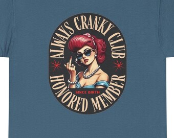 Sexy Redhead, Retro, Pinup Girl, Muddle finger up, Unisex Tee, Always Cranky Club, Honored Member Flipping Off, Funny, Vintage