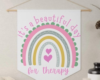 It is a Beautiful Day for Therapy Pennant, Rainbow Hearts, Therapist Office Decor, Wall Art