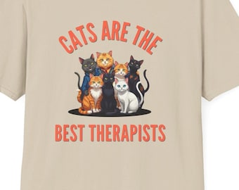 Camiseta "Terapia com Gatos", "Meu Gato é Meu Terapeuta", Presente Divertido para Mães de Gatos, Roupa Unissex de Tecido Macio para Amantes de Gatos, Camiseta de Apoio aos Animais