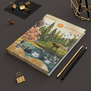 Nature Wildlife Hardcover Journal, Mountain Lake, Boho Adventure Swans, Fox, Moose, Raccoons, Nature Lover Gift, Travel Journal, Forest image 7