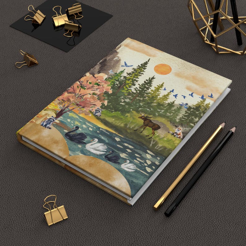 Nature Wildlife Hardcover Journal, Mountain Lake, Boho Adventure Swans, Fox, Moose, Raccoons, Nature Lover Gift, Travel Journal, Forest image 7