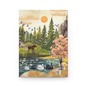 Nature Wildlife Hardcover Journal, Mountain Lake, Boho Adventure Swans, Fox, Moose, Raccoons, Nature Lover Gift, Travel Journal, Forest image 3