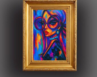 Colorful Woman with Sunglasses Wall Art, Modern Abstract Face Print, Bold Graphic Pop Art, Funky Aesthetic Home Decor, Statement Living Room