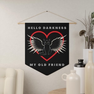 Hello Darkness, Gothic Cat Angel Wings Banner, Dark Academia Decor, Black Cat Art, Dorm Room Pennant, Halloween Wall Hanging, Pennant Flag