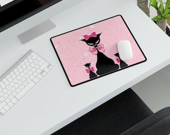 Tappetino da scrivania con gatto nero - Fiocchi rosa retrò, decorazione per ufficio e lavoro da casa