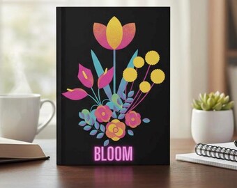Diario con diseño botánico neón, floral, floreciente, negro, rosa, amarillo, bohemio, con líneas, cuaderno de escritura, estilo cottagecore oscuro, diario de tapa dura.