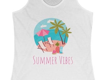 Summer Vibes Palm Tree Racerback Tank Top, Beach Travel Clothing