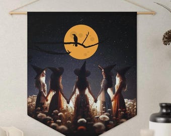 Witch Coven Pennant Banner, Moonlit Sky Crow Wall Art, Witchy Decor, Gothic Witchcore
