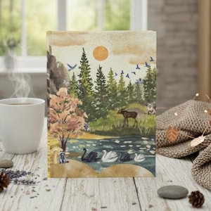 Nature Wildlife Hardcover Journal, Mountain Lake, Boho Adventure Swans, Fox, Moose, Raccoons, Nature Lover Gift, Travel Journal, Forest image 1