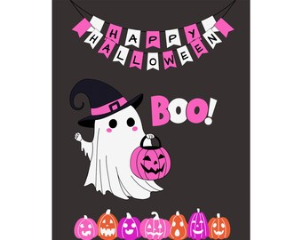 May include: A Halloween-themed illustration featuring a friendly ghost wearing a witch hat and holding a pink pumpkin. The word "Boo!" is in pink, and a banner reads "Happy Halloween." A row of colorful pumpkins decorates the bottom.