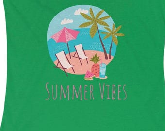Summer Vibes and Palm Tree Design, Yoga Tank, Beach Travel Gift, Colorful Tank, Summer Clothing, Racerback Tank Top