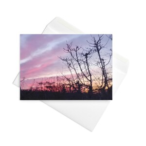 Biglietto di auguri Cherry Orchard sotto un tramonto rosa