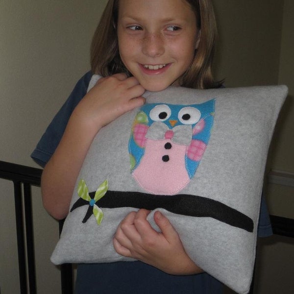 Gray Owl Fleece Pillow Cover with Appliqued Owl on Branch in Teal Blue/Pink/Grey-Baby Girl Nursery Decor-Child to Teen Pillow-Owl Collector