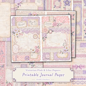 May include: Victorian-themed printable journal pages in pink and lilac. The pages feature floral and lace designs, with decorative elements and lined spaces for writing. The pages measure 11 x 8.5 inches.