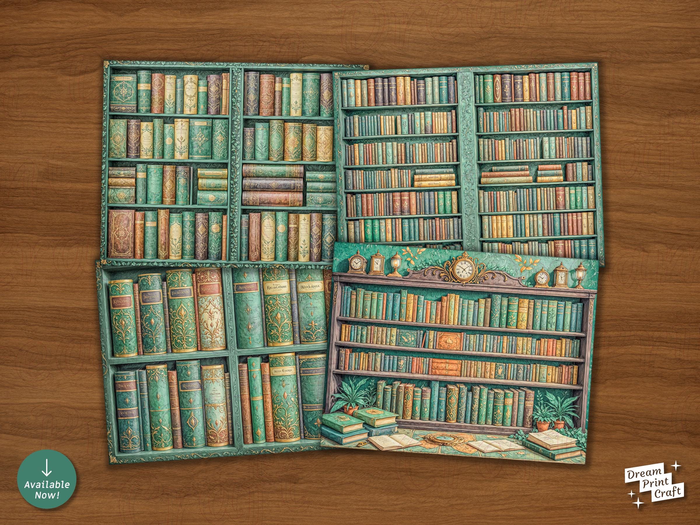 Green Library Printable Paper Kit: Vintage Bookshelves, Florals ...