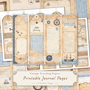 May include: Vintage-style printable journal pages with a travel theme. The design features aged paper, compasses, maps, and sailboats in shades of beige, blue, and brown. Includes bookmarks and decorative elements. The text on the image says "Vintage Traveling Papers Printable Journal Pages".