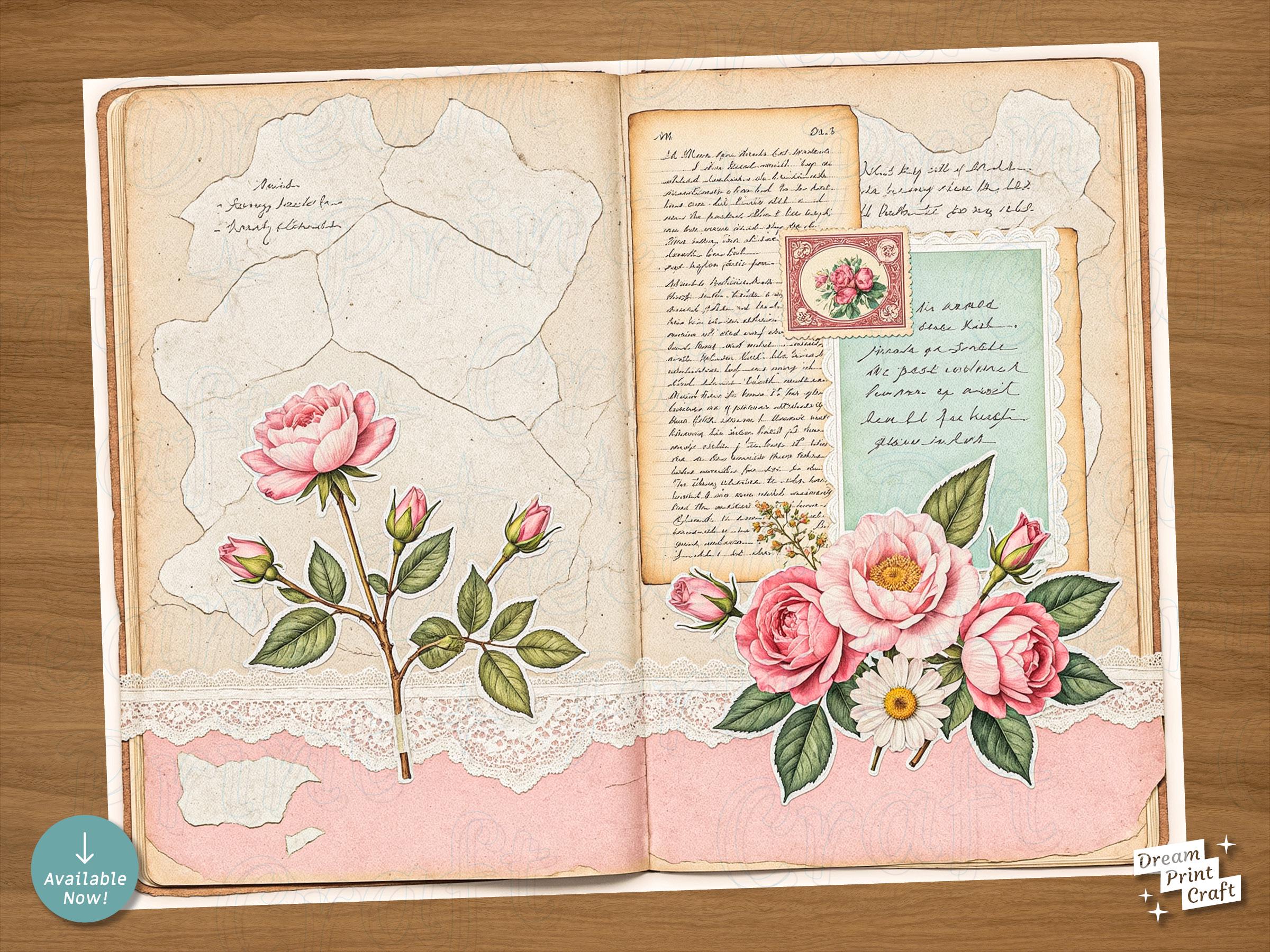 Shabby Chic Junk Journal Digital Papers: Pink Roses, Lace, Teal ...