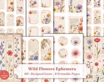May include: A collection of vintage-style ephemera featuring watercolor illustrations of wildflowers. The design includes tags, labels, and circular elements with floral accents. The text "Wild Flowers Ephemera" and "60+ Designed Items - 8 Printable Pages" is visible.