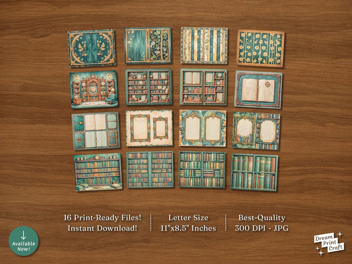 Green Library Printable Paper Kit: Vintage Bookshelves, Florals ...