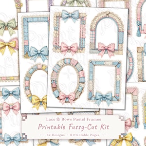 以下が含まれることがあります： パステルカラーの印刷可能なフレームのコレクション。リボンとレースのディテールが特徴です。フレームは長方形、楕円形、アーチ型など、さまざまな形状をしています。「Lace & Bows Pastel Frames」と「Printable Fussy-Cut Kit」の文字が見えます。
