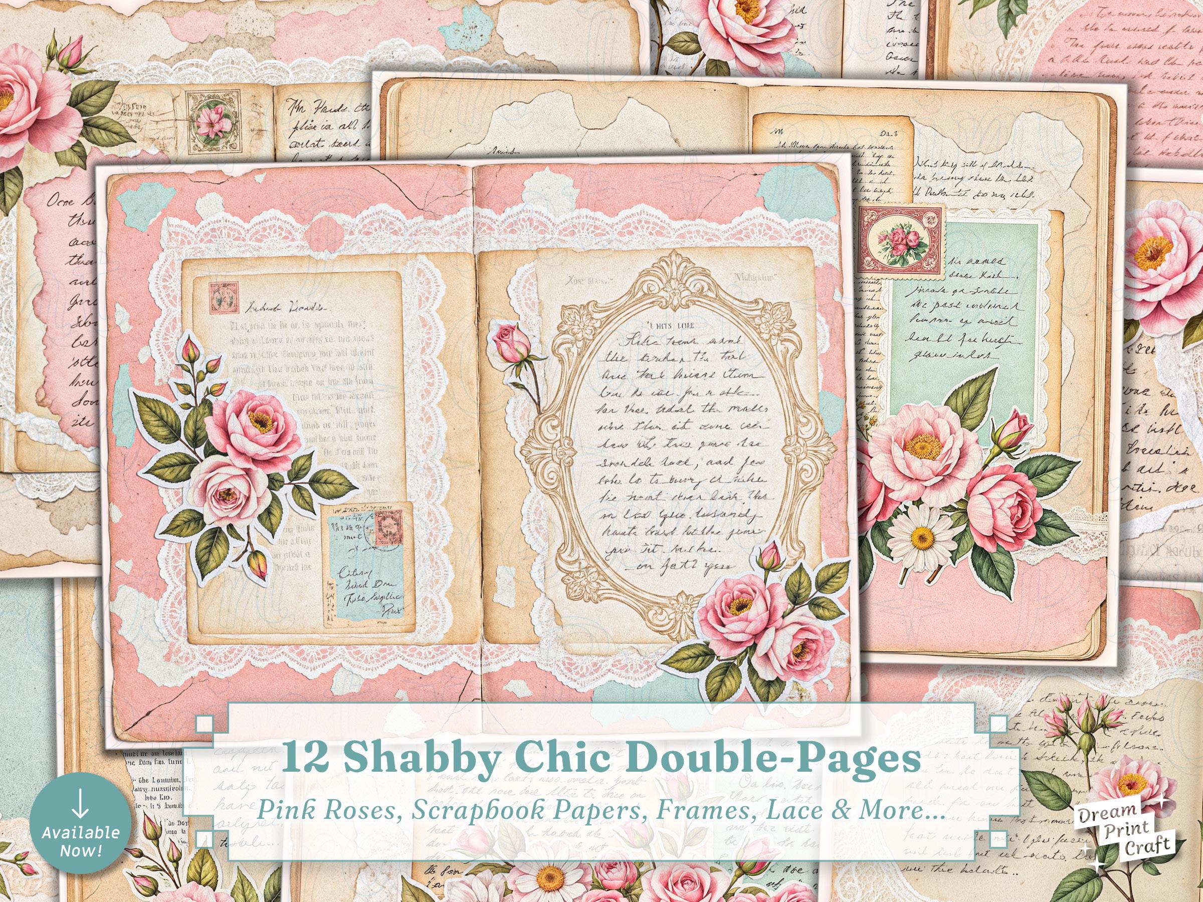 Shabby Chic Junk Journal Digital Papers: Pink Roses, Lace, Teal ...