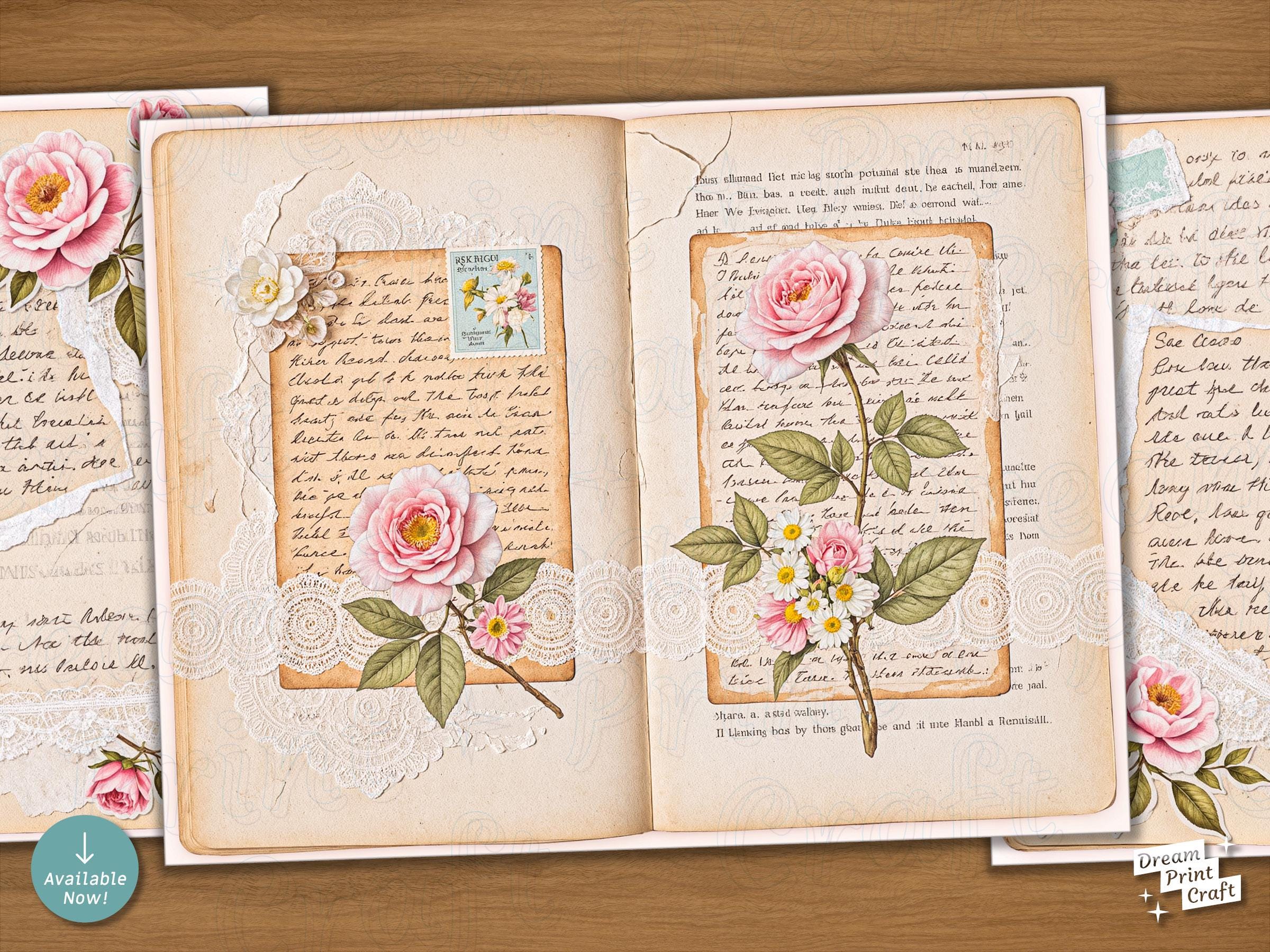 Shabby Chic Junk Journal Digital Papers: Pink Roses, Lace, Teal ...
