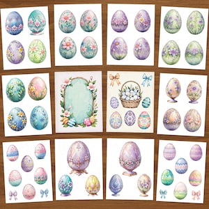Lot de 50 œufs de Pâques pastel | Fichiers imprimables 12 lettres 300 ppp. Album DIY, autocollants, journal, violet, noeuds, fleurs, oeufs de Fabergé floraux