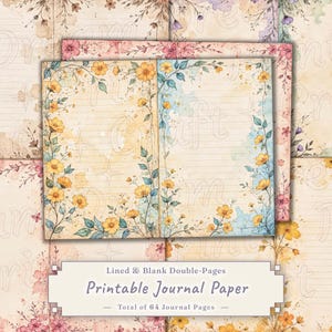 Op de afbeelding: Printbaar journaalpapier met gelijnde en blanco dubbele pagina's. De pagina's hebben een aquarel bloemenontwerp met gele bloemen en groene bladeren. De tekst op de afbeelding luidt "Printable Journal Paper" en "Total of 64 Journal Pages."