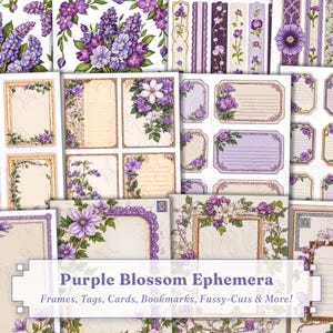 Peut inclure: Collection d'éphémères florales violettes, comprenant des cadres, des étiquettes, des cartes et des marque-pages. Les motifs présentent des illustrations à l'aquarelle de fleurs et de feuillages violets. Le texte "Purple Blossom Ephemera" est affiché.