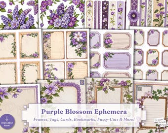 May include: A collection of purple floral ephemera, including frames, tags, cards, and bookmarks. The designs feature watercolor illustrations of purple blossoms and foliage. The text "Purple Blossom Ephemera" is displayed.