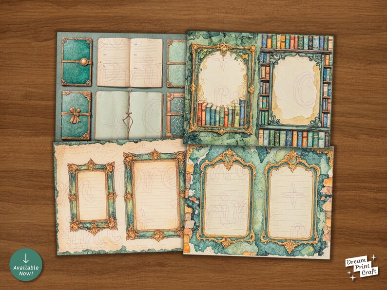 Green Library Printable Paper Kit: Vintage Bookshelves, Florals ...