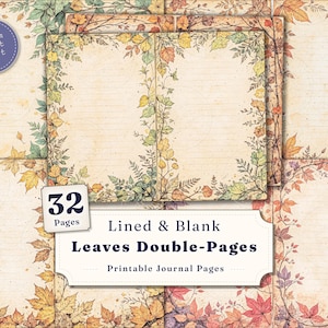 Peut inclure: Une collection de 32 pages de journal imprimables avec des mises en page doubles lignées et vierges, ornées de bordures botaniques de feuilles d'automne orange, jaunes, vertes et violettes. Le texte indique : 32 Pages, Lined & Blank, Leaves Double-Pages, Printable Journal Pages, et dream print craft.