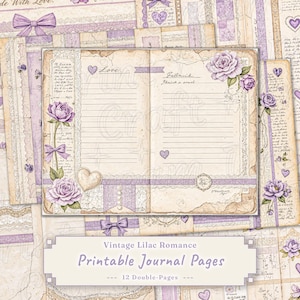 Könnte beinhalten: Druckbare Vintage-Journalseiten mit einem Flieder-Thema. Die Seiten zeigen Rosen, Herzen und Schleifen in Lila- und Cremetönen. Der Text enthält die Wörter "Love" und "Journal Pages".