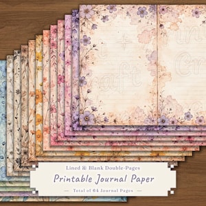 Può includere: Una pila di carta da diario stampabile con disegni floreali in vari colori. Le pagine presentano fiori e fogliame in stile acquerello, con un'estetica vintage. Il testo sull'immagine recita "Printable Journal Paper" e "Total of 64 Journal Pages."