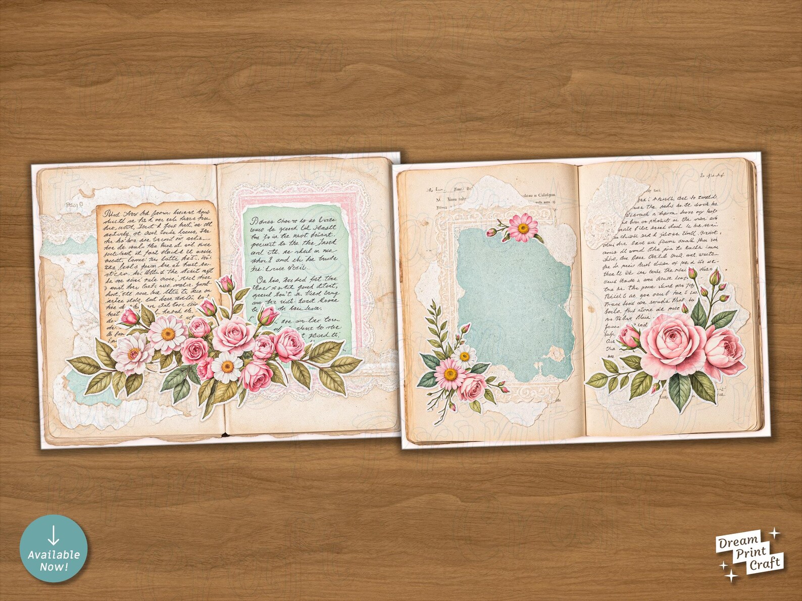 Shabby Chic Junk Journal Digital Papers: Pink Roses, Lace, Teal ...