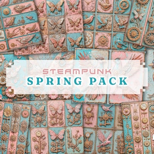 Steampunk Frühling Pink und Teal Printables - Junk Journal Seiten mit Uhrwerk Vögeln, goldenen Schmetterlingen, Zahnrädern, Blumen, Kupfer, Metall, Reisen