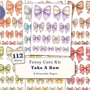 Può includere: Un set di fogli collage digitali con 112 fiocchi illustrati in vari colori e motivi, inclusi pois, righe e quadri. La collezione è intitolata Fussy Cuts Kit Take A Bow e consiste in 8 pagine stampabili con grafiche di fiocchi.