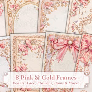 Prachtige rozegouden afdrukbare lijsten! 8 vintage fotopagina's met kant, linten, parels, bloemenstrikken en romantische roosbeige Victoriaanse randen