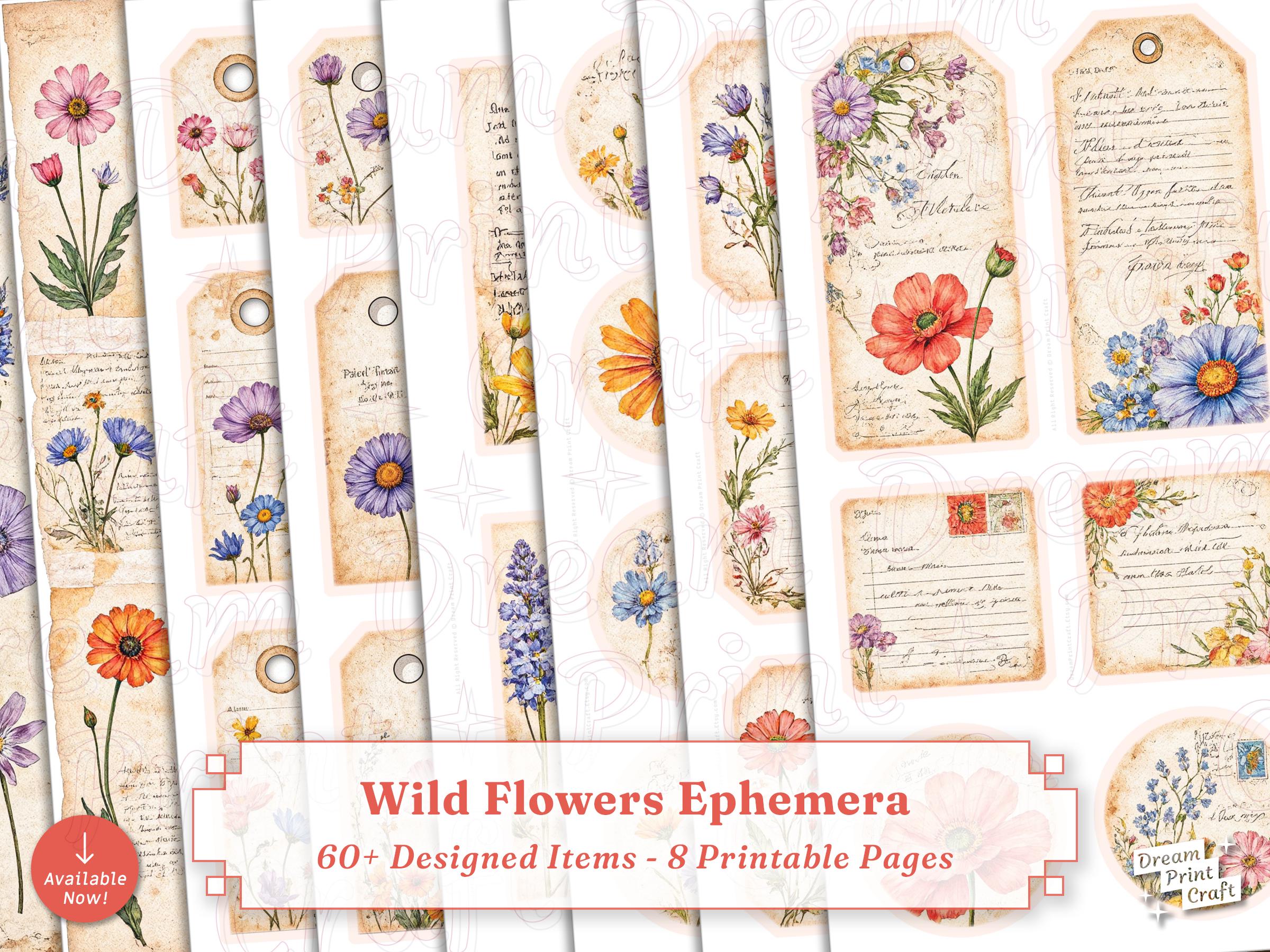 Wildflower Ephemera Kit: Vintage Junk Journal Pages (printable Digital ...