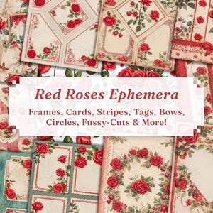 Vintage rote Rosen Ephemera | 300DPI Sammelalbum Printables. DIY, Sticker, Rahmen, Journal, Postkarten, Floral, Lace, Junk, Borten, Herzen