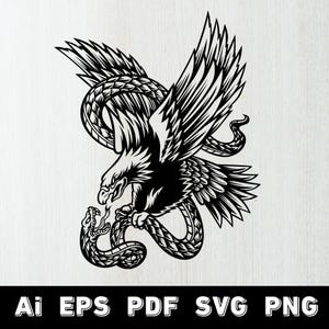 May include: Black and white illustration of an eagle attacking a snake. The eagle has its wings spread wide, and the snake is coiled around it. The image includes the text "Ai EPS PDF SVG PNG" at the bottom.