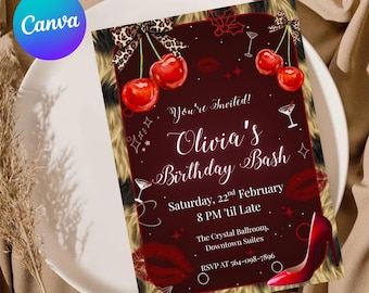 Cheetah Print Birthday Invitation, Black Bow Coquette Party (Editable Canva Design, PDF)