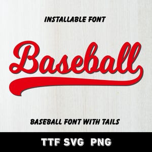 Può includere: Un grafico digitale che presenta la parola Baseball in un carattere corsivo rosso con una lunga coda sottolineata. Il testo Installable Font appare sopra, e Baseball Font With Tails è sotto. La sezione inferiore mostra TTF SVG PNG in bianco.