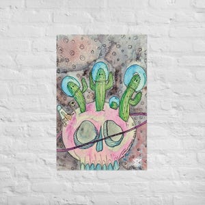 Weltraum Kakteen Auf Planet Schädel Aquarell Gemälde Gedruckt Poster von Serrenathedead